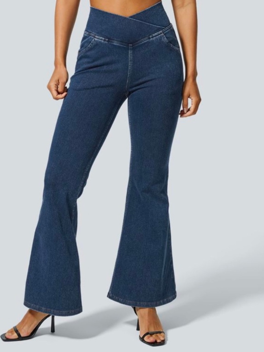 Halara Flex Denim Flare Crossover Waist Pull On Womens Large Regular